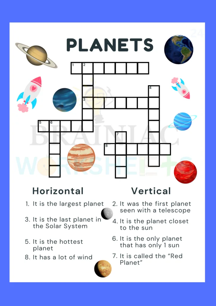 Science planets crossword worksheet activity class 3 - brainiac worksheets