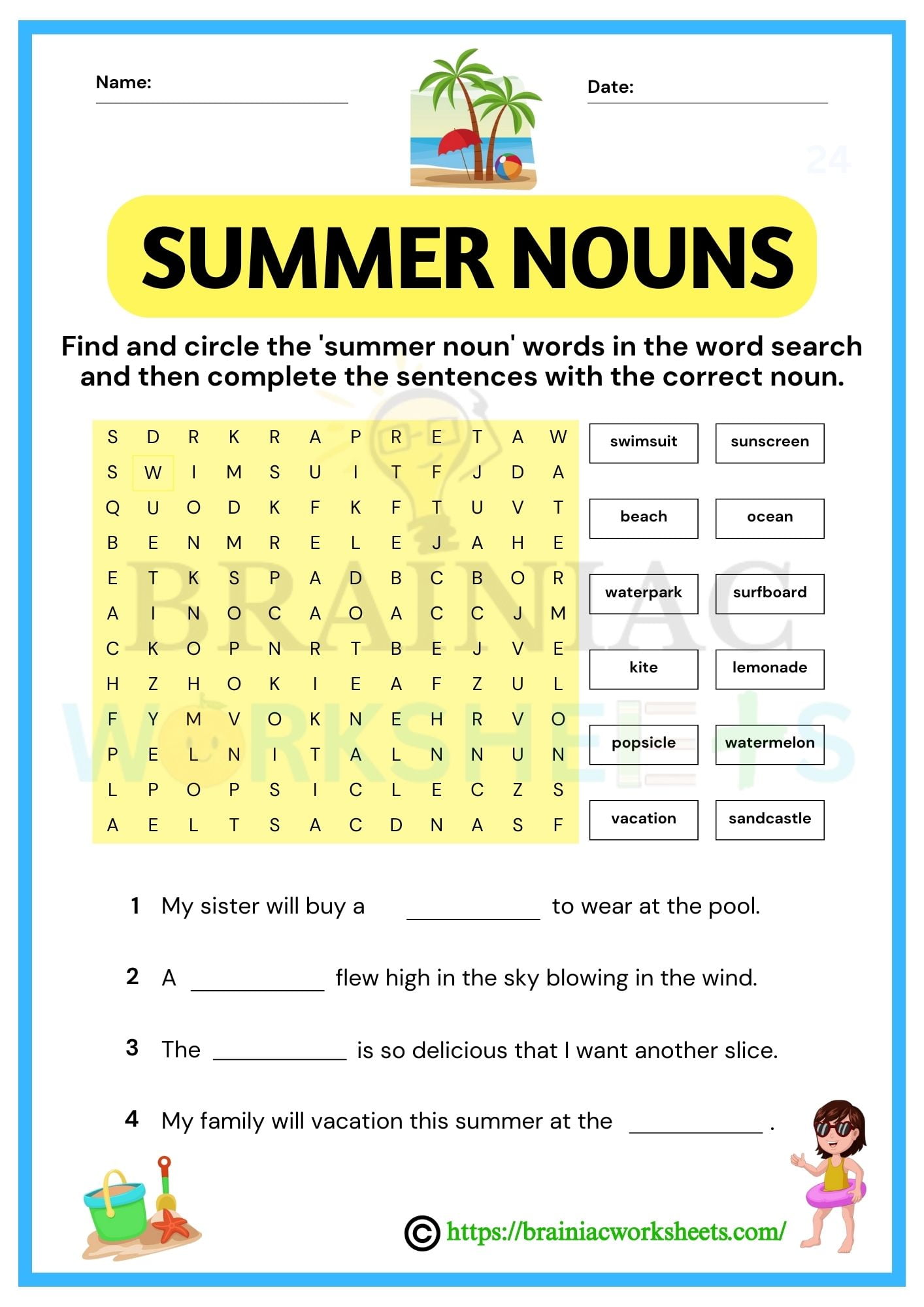 Summer noun word search class 5 english worksheet brainiac worksheets