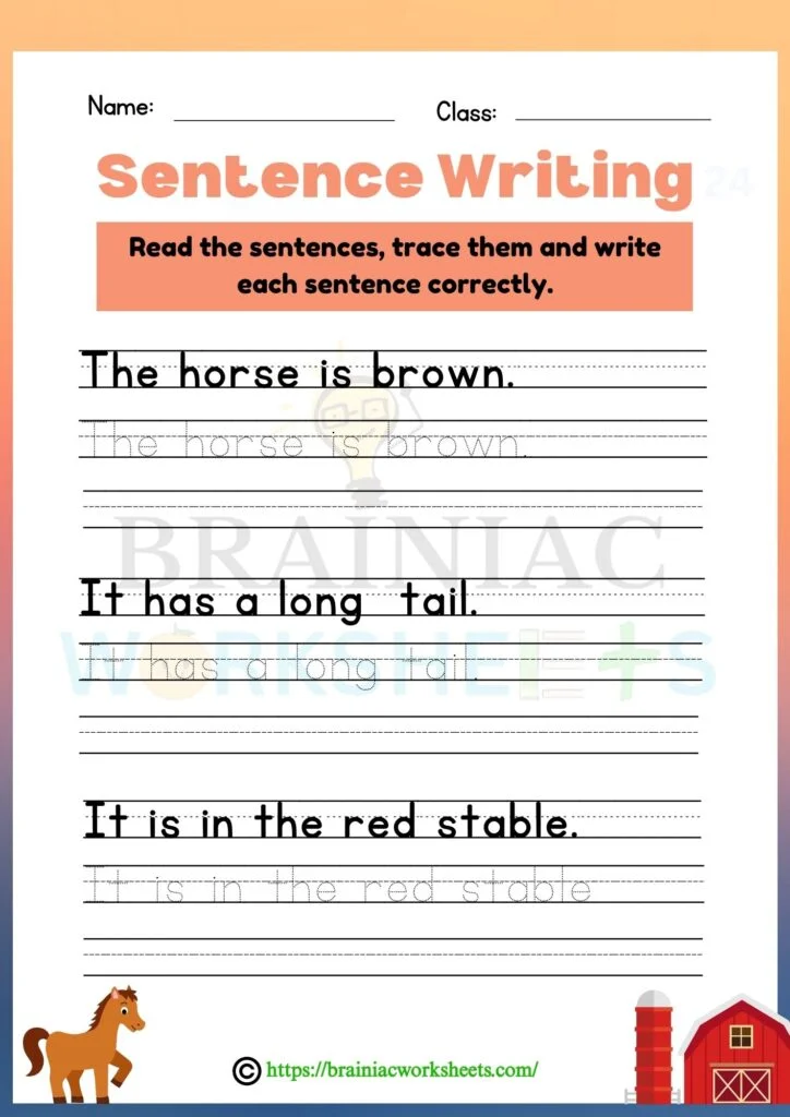 English worksheet for class 1 sentence writing tracing - brainiac worksheets