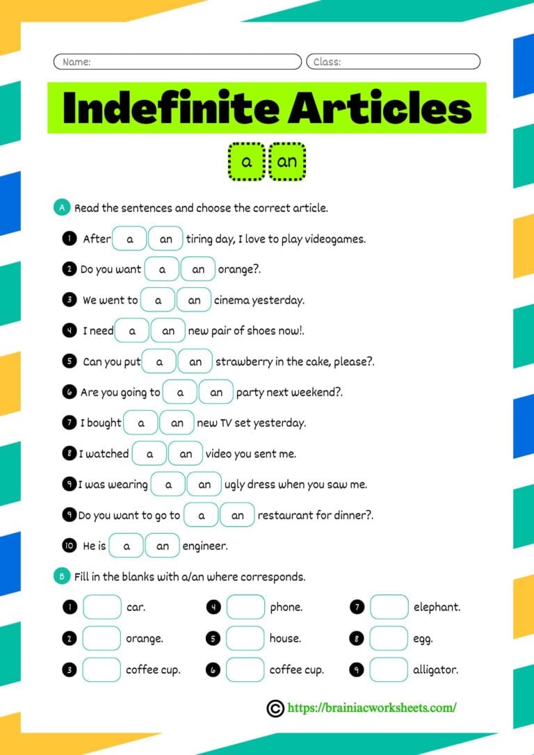 Indefinite Articles A Or An English Worksheet For Class 2 - Brainiac ...