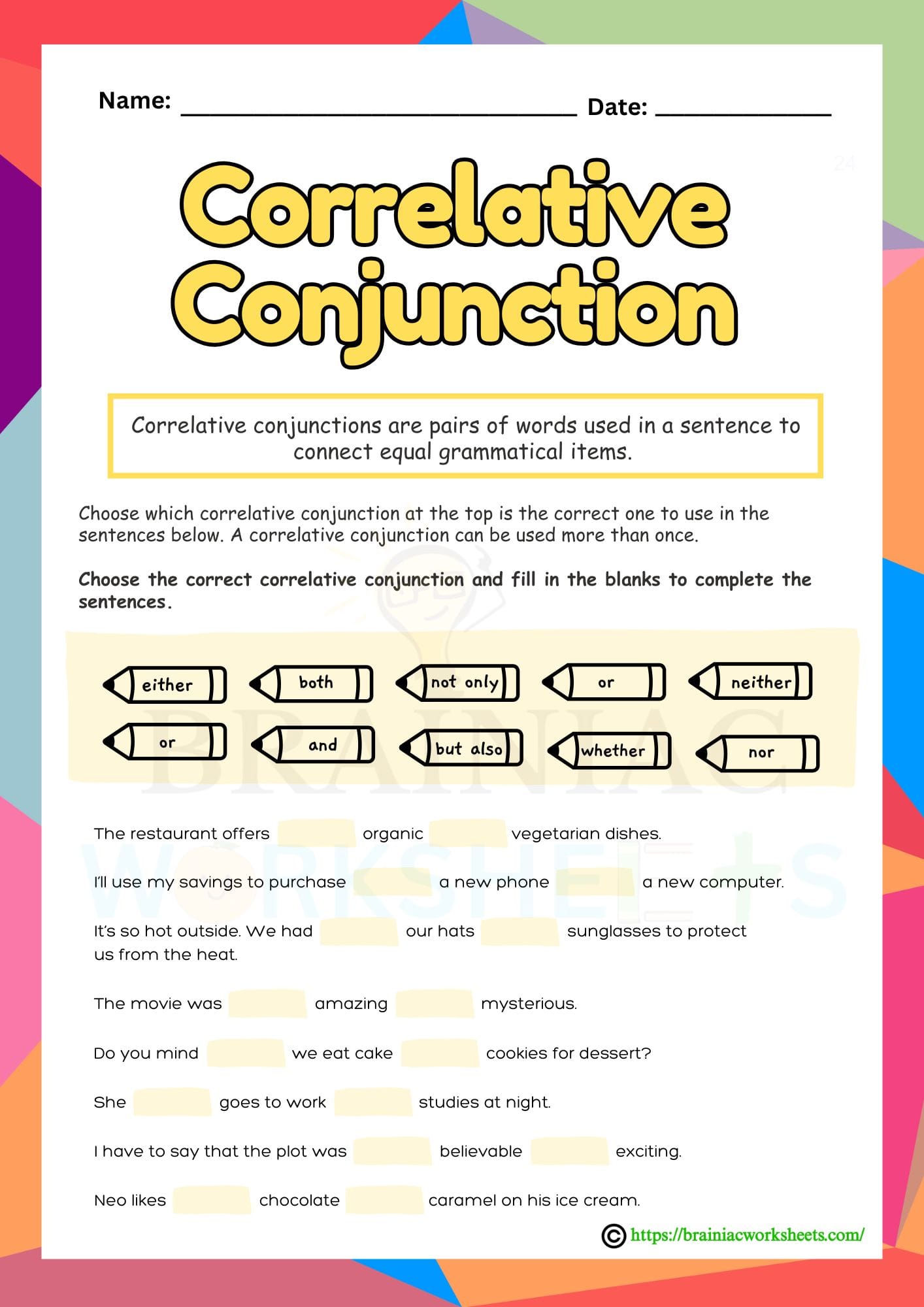 Correlative Conjunctions Activity English Worksheet For Class 5 Brainiac Worksheets